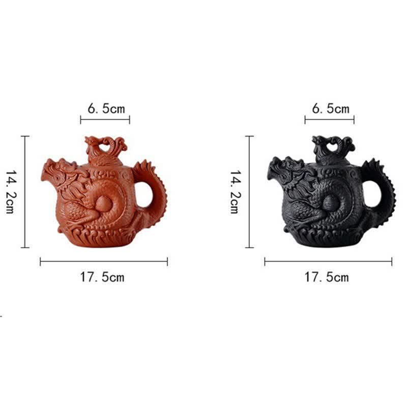 Vintage Dragon Phoenix Purple Clay Teapot – terracotta and black variants side by side with measurement dimensions, size g...