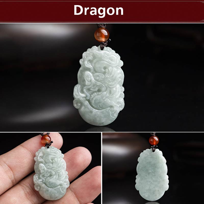 Natural Jade Chinese Zodiac Pendant – Dragon coiled relief with scale detail, power