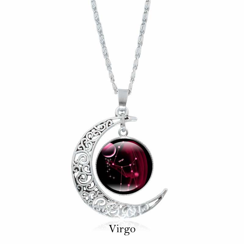 Zodiac Moon Protection Copper Necklace - Silver crescent moon with Virgo zodiac constellation cabochon in burgundy and magenta on dark cosmic background