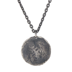 Sterling Silver Yin Yang Necklace – Full view of textured disc pendant on thick curb chain, white background