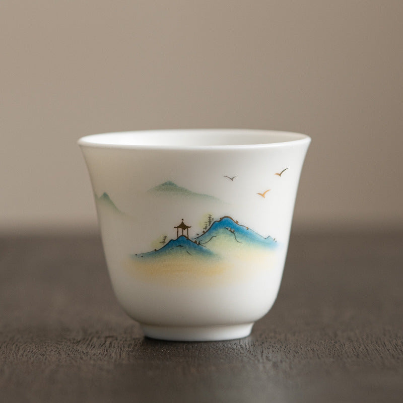 Ceramic Kung Fu Tea Cup – blue-green mountain landscape with pavilion and birds in flight, shanshui style, serene