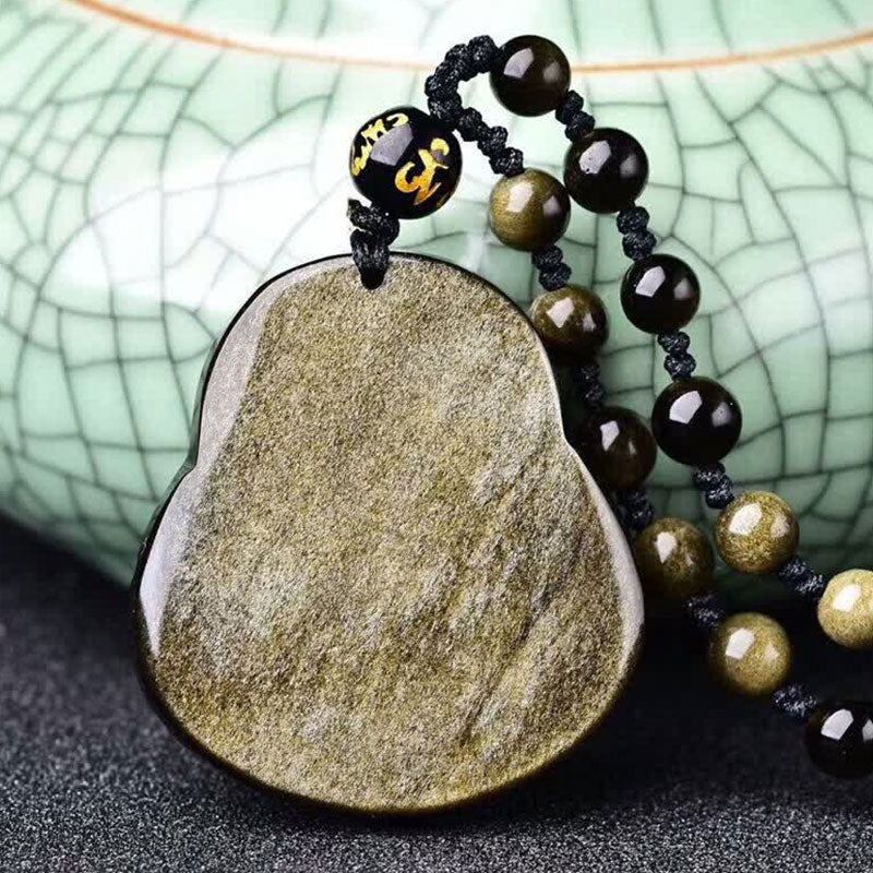 Gold Sheen Obsidian Laughing Buddha Pendant – back view showing raw gold sheen texture with bead chain, detail