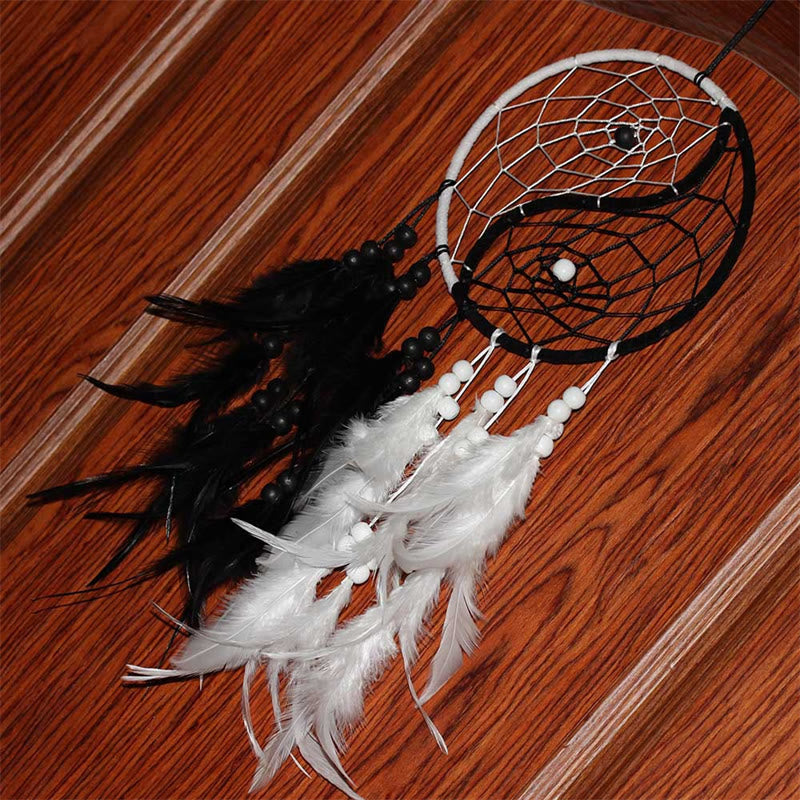 Yin Yang Dream Catcher with Feathers – Double hoop on wood black white feathers, boho decor