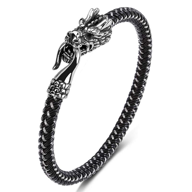Dragon Protection Bracelet - Dragon head clasp on two-tone woven metal band, Protective