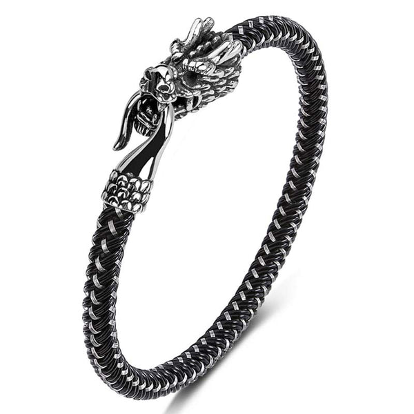 Dragon Protection Bracelet - Dragon head clasp on two-tone woven metal band, Protective