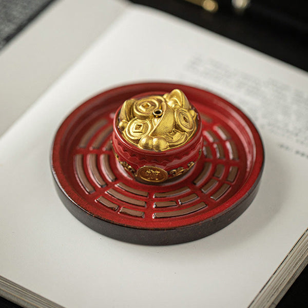 Dual Treasure Bowl Incense Burner – Red and gray fortune bowls with gold ingots on bagua base plate