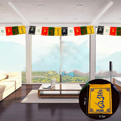 Tibetan Prayer Flags – Mini flags displayed in modern living room with size detail inset, home blessing decor
