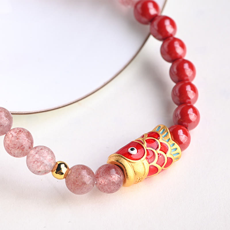 Strawberry Quartz Koi Bracelet – close-up of bead transition from quartz to cinnabar sections