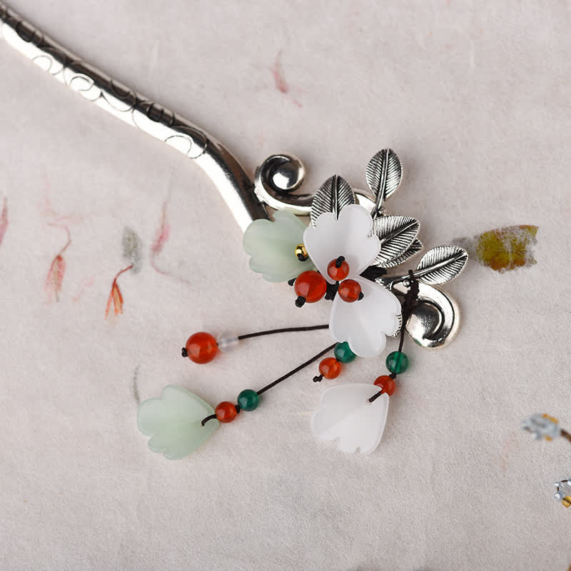 Red Agate Jade Flower Hair Pin, close-up detail of jade flower and agate bead arrangement