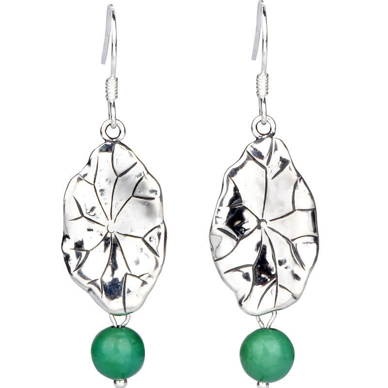 Sterling Silver Turquoise Lotus Leaf Earring - front view on white, green stone dangle