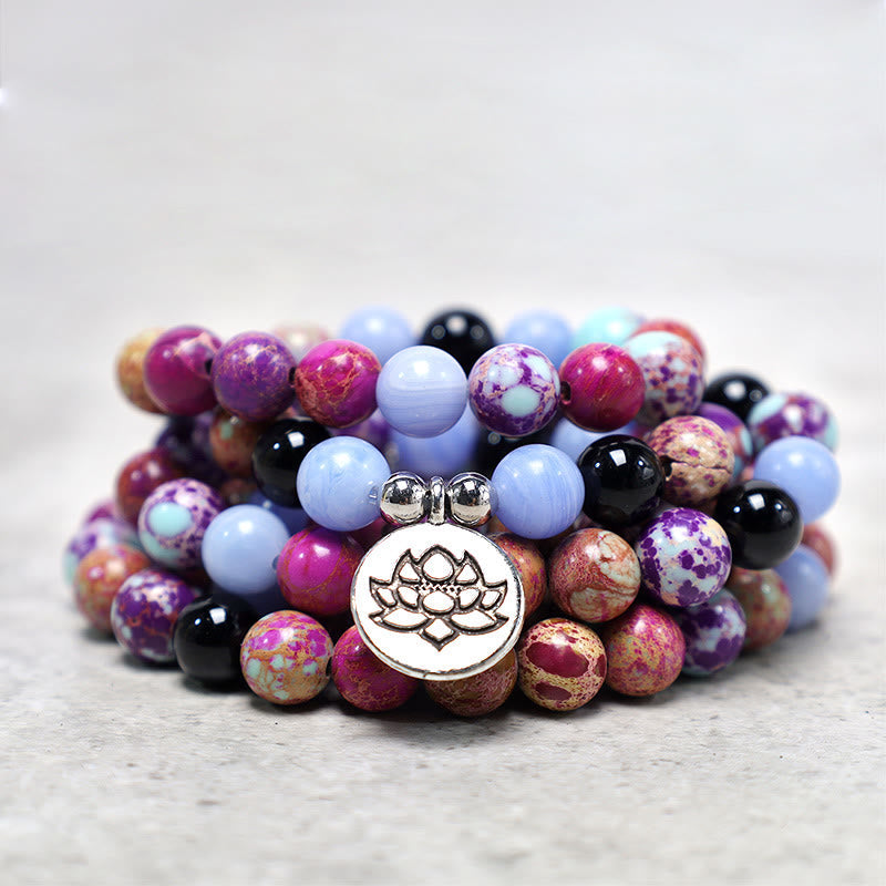 Purple Miano Real Stone Lotus Mala – close-up of marbled beads with silver lotus guru bead, blessing