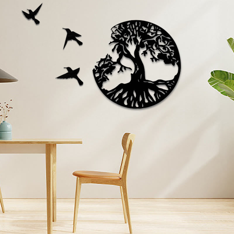 Tree of Life Birds Wall Art - black tree with three birds on cream wall in Scandinavian dining room with vase
