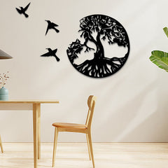 Tree of Life Birds Wall Art - black tree with three birds on cream wall in Scandinavian dining room with vase