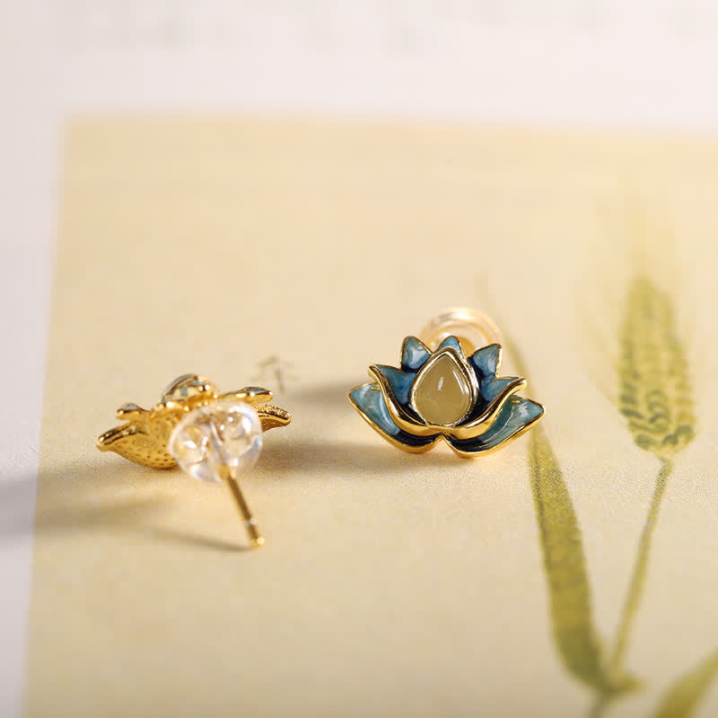 Hetian Cyan Jade Lotus Earrings - Face-up and reverse pairing on cream botanical background, lotus studs