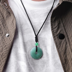 Lucky Coin Pendant Healing Crystal Gemstone Necklace – Green jade bi disc necklace worn casually over white shirt