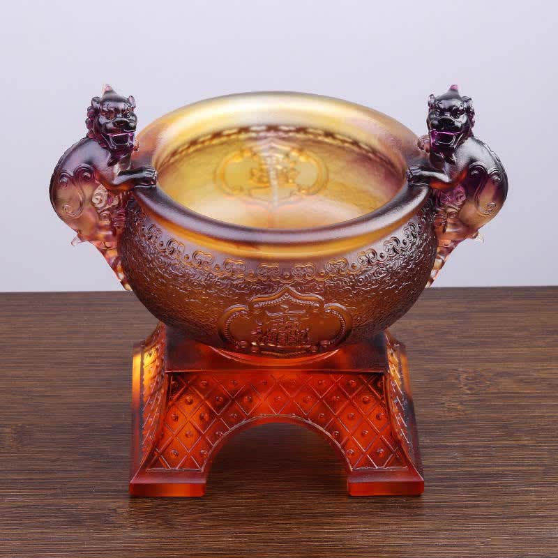 Liuli Crystal PiXiu Bowl – Top view of amber liuli bowl interior showing PiXiu handle pair