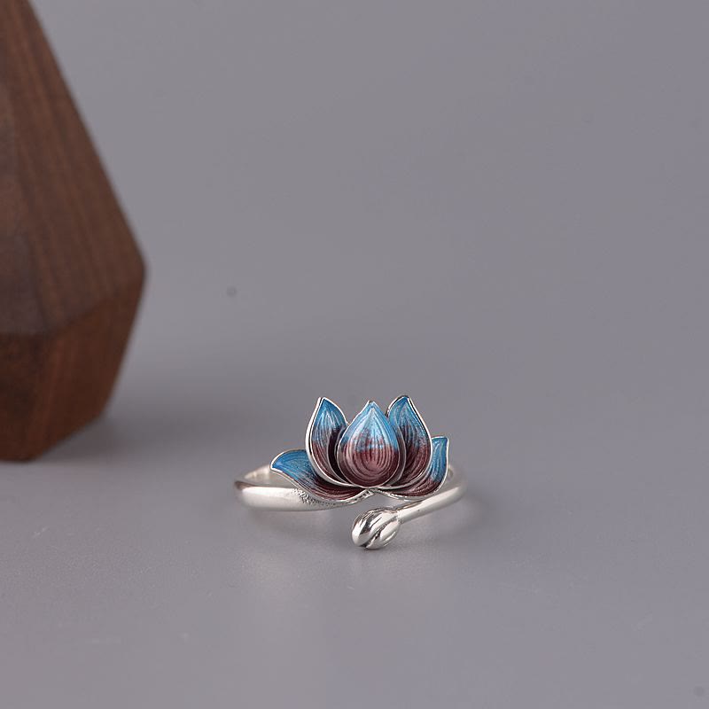 925 Sterling Silver Lotus Ring - Adjustable wrap band with enamel bloom beside wooden prop, silver ring