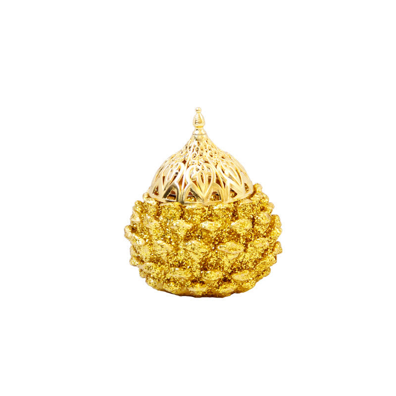 Gold Pine Cone Mini Incense Burner - White background catalog shot, assembled unit, gold ornament