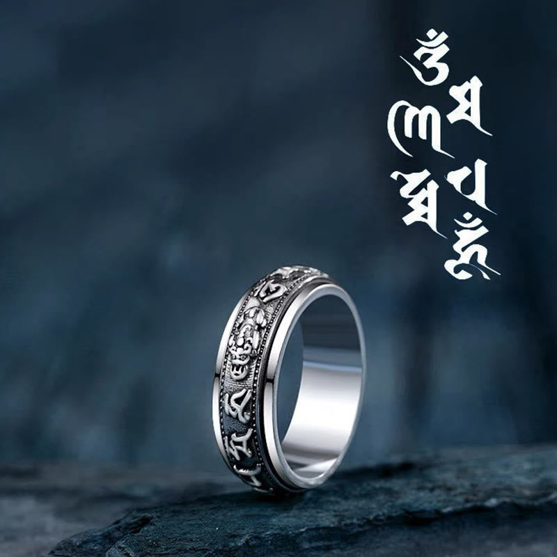 Tibetan PiXiu Ring – Silver rotatable band with Om Mani Padme Hum, spiritual jewelry