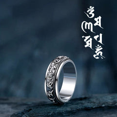 Tibetan PiXiu Ring – Silver rotatable band with Om Mani Padme Hum, spiritual jewelry