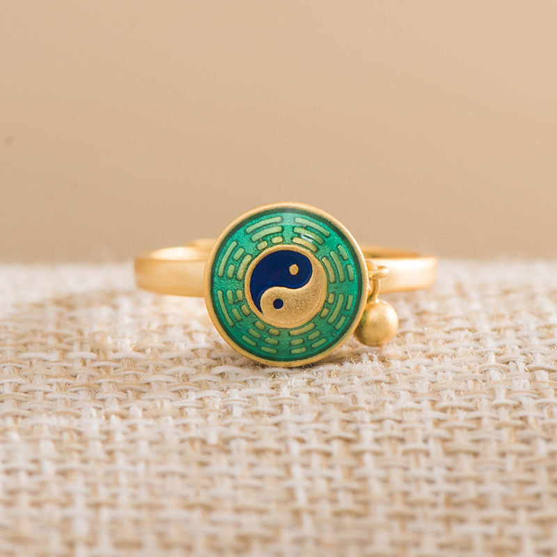 Yin Yang Copper Rotatable Ring - gold ring with blue yin-yang on green bagua, wealth ring