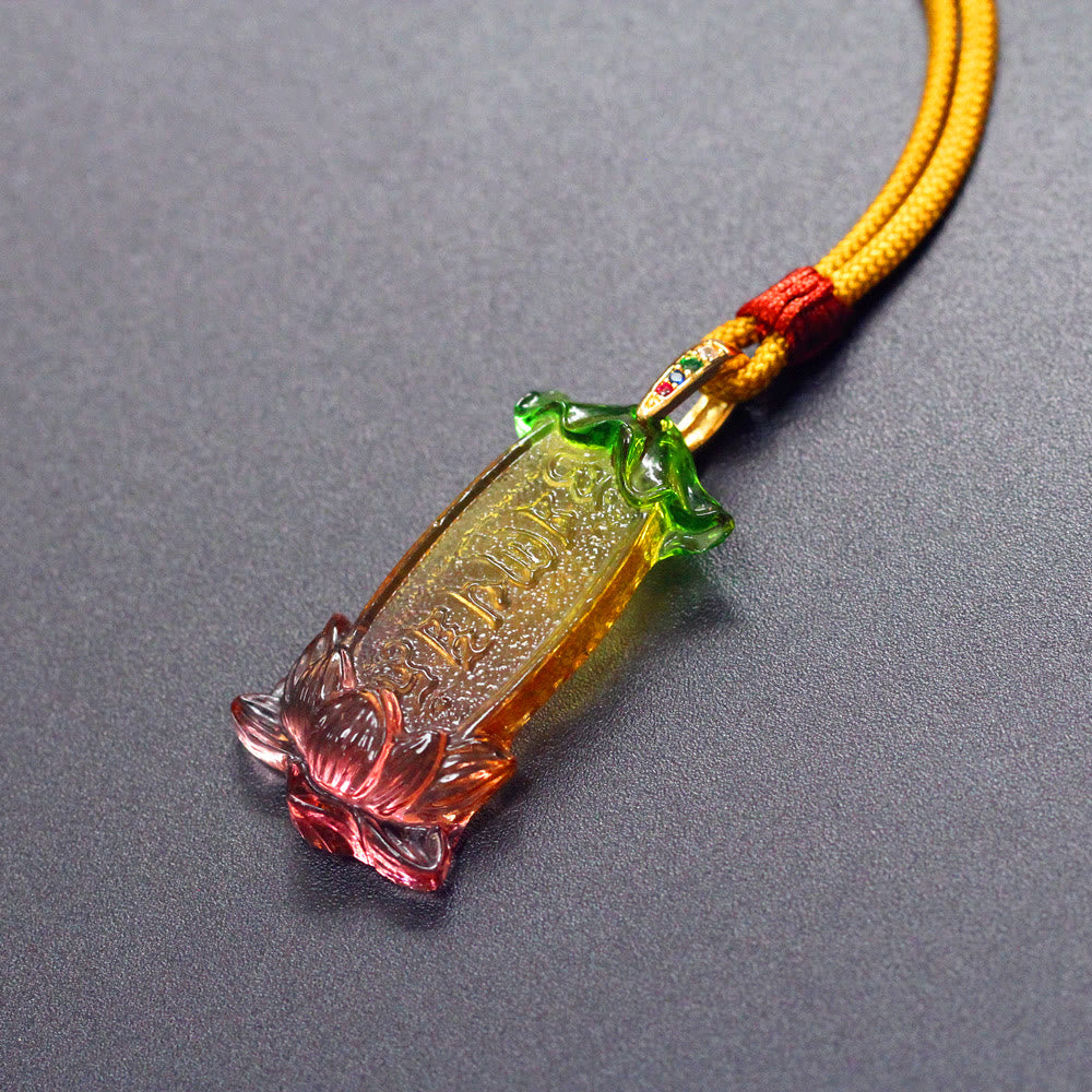 Buddha Liuli Lotus Necklace – Om Mani Padme Hum mantra engraved on translucent liuli, Buddhist gift