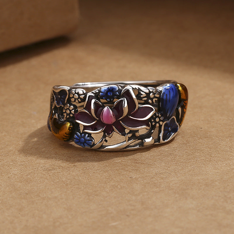 Koi Fish Lotus Ring – worn on finger, lotus and koi design, adjustable wealth ring