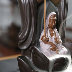 Buddha Lotus Incense Burner – Guanyin figure with lotus flower in prayer hands, Tranquil energy