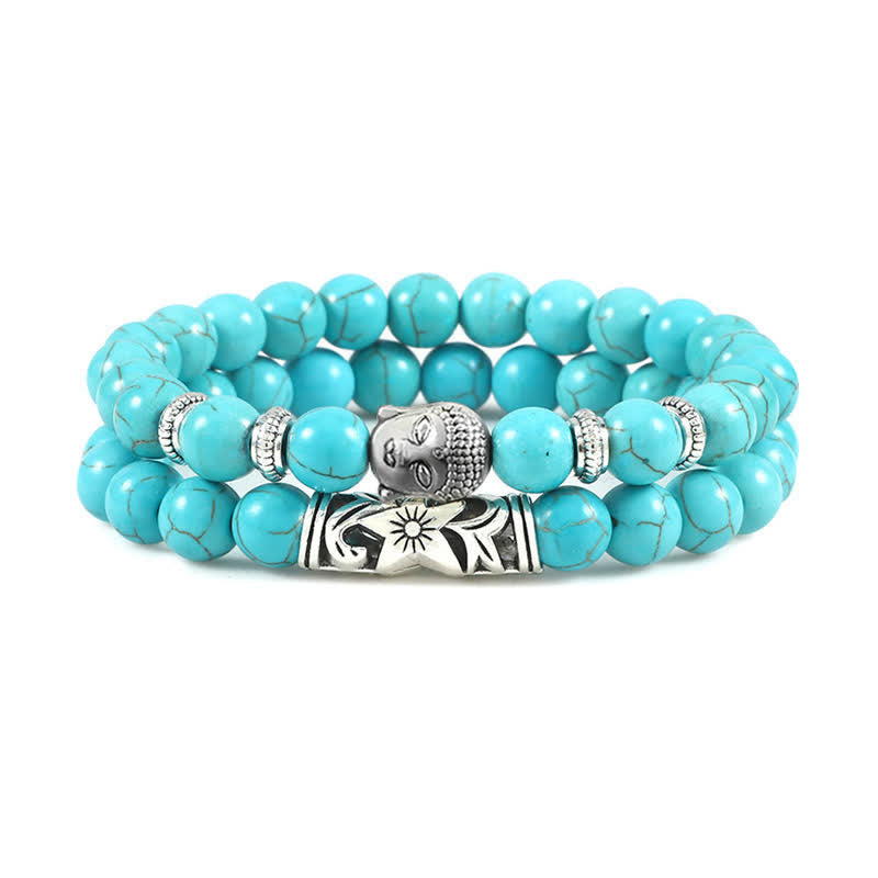 Tiger Eye Bracelet – Bright turquoise beads with silver Buddha charm front view, luck jewelry
