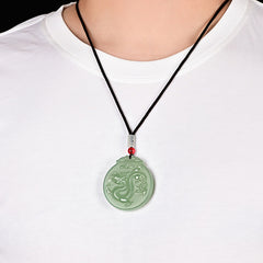 Chinese Zodiac Dragon Jade Necklace - worn on white tee showing carved dragon jade pendant, prosperity necklace