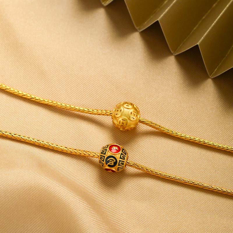 18K Gold Om Mani Padme Hum Koi Fish Bracelet – gold chain bracelets with openwork coin bead and enamel mantra bead, fan prop, diagonal angle