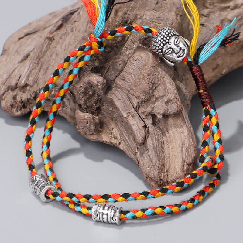 Buddha Head Serenity String Bracelet – Colorful bracelet on natural driftwood with silver Buddha, boho charm