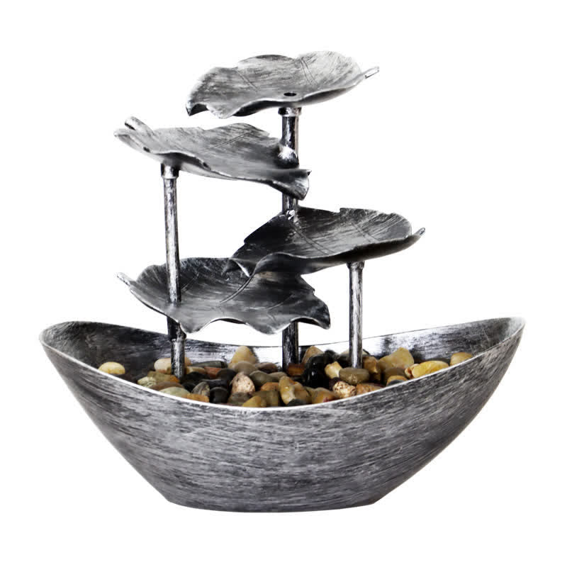 Lotus Leaf LED Waterfall Fountain - full silver cascade on white background, tabletop water feature