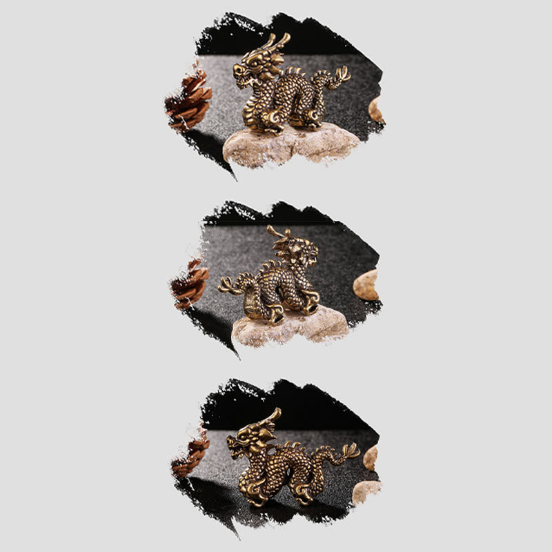 Auspicious Brass Dragon Decoration - Triptych of three dragon angles with ink-wash borders, collectible art