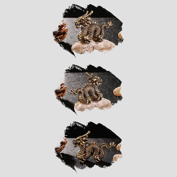 Auspicious Brass Dragon Decoration - Triptych of three dragon angles with ink-wash borders, collectible art