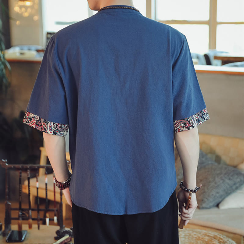 Dragon Embroidery Frog-Button Linen Tang Suit Shirt - Navy back with rolled paisley cuffs, traditional