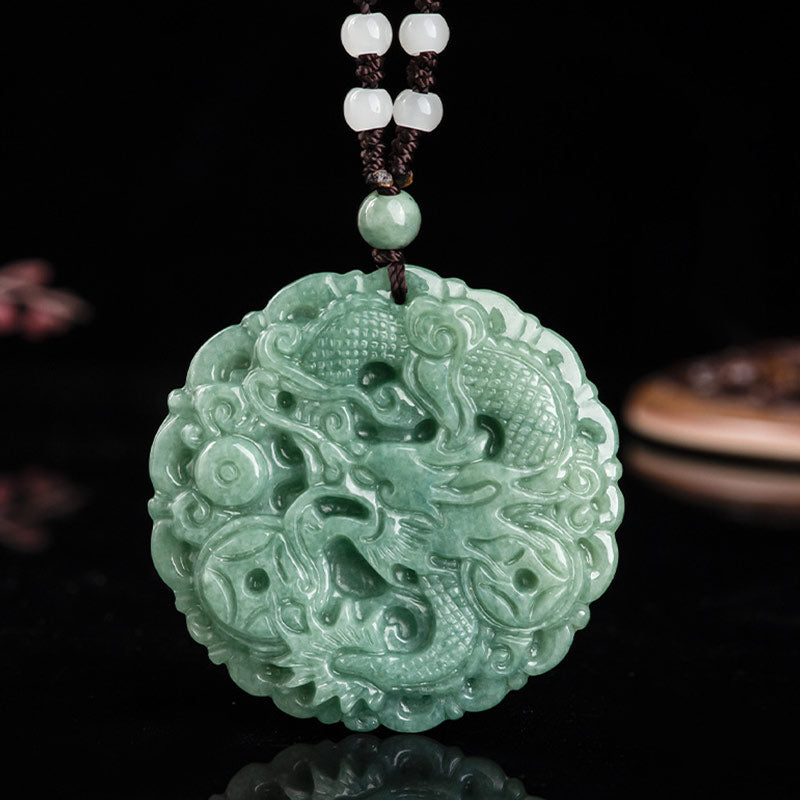 Dragon Jade Fortune Necklace – Green jade dragon carving with beaded bail, Prosperity