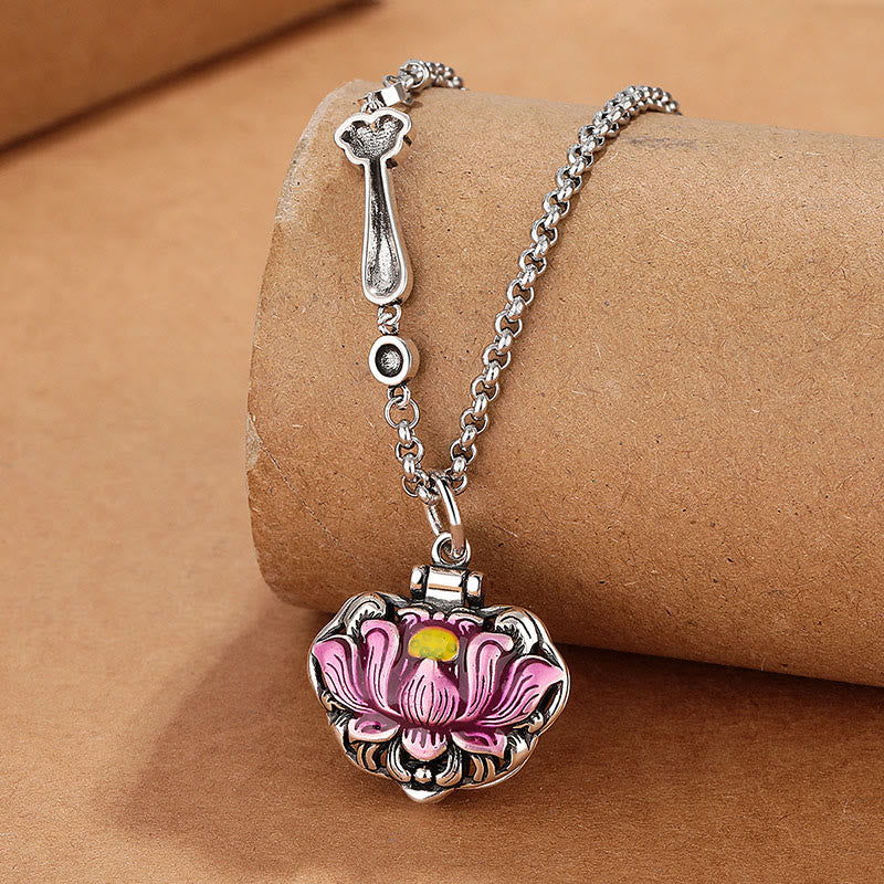 Tibet Copper Lotus Necklace – pink enamel lotus locket on cable chain, spiritual charm