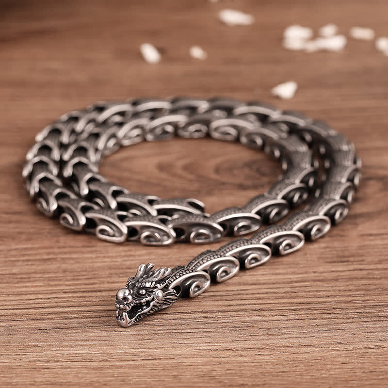 Dragon Necklace Bracelet Set - Antiqued silver dragon chain coiled on wood, Protection
