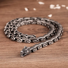 Dragon Necklace Bracelet Set - Antiqued silver dragon chain coiled on wood, Protection
