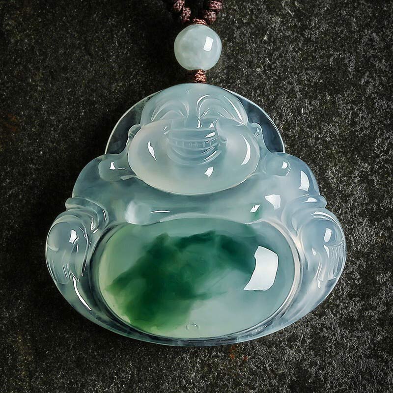 Cyan Jade Buddha Luck Necklace Pendant – front view of translucent cyan jade laughing Buddha on dark surface, serenity