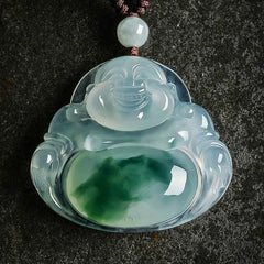 Cyan Jade Buddha Luck Necklace Pendant – front view of translucent cyan jade laughing Buddha on dark surface, serenity