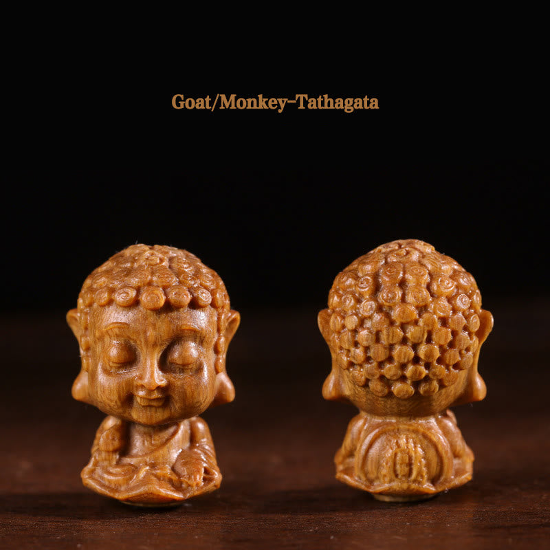 Chinese Zodiac Green Sandalwood Buddha – Goat Monkey Tathagata dual view with spiral curls, Enlightened