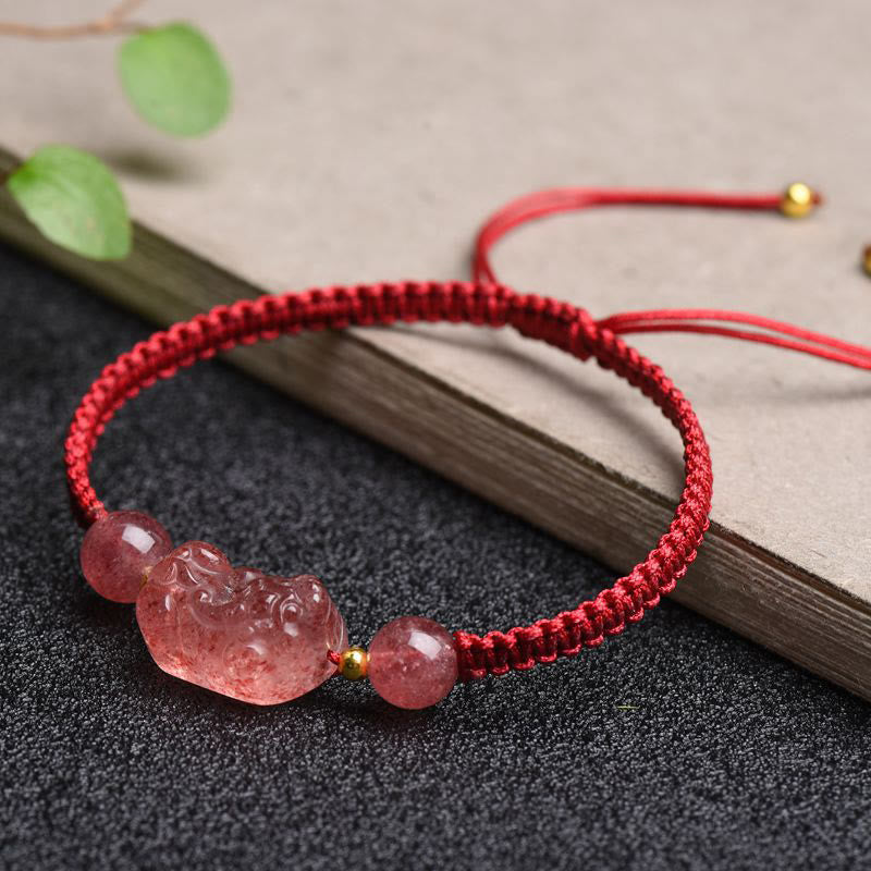Strawberry Quartz PiXiu Red Bracelet – dark surface book green leaf accent, red cord, love luck bracelet