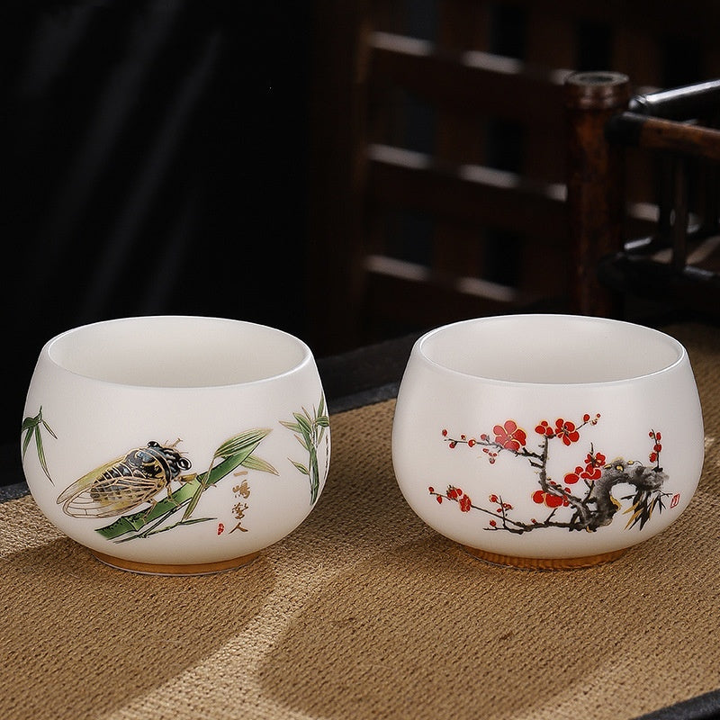 Dragon Cicada Ceramic Tea Bowl - cicada bamboo and plum blossom pair, hand-painted jade gongfu cups with seals