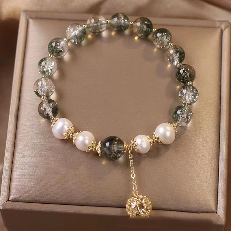 Green Phantom Pearl Charm Bracelet – Green phantom quartz white pearls gold filigree spacers with dangling ball pendant, champagne satin jewelry box, top-down