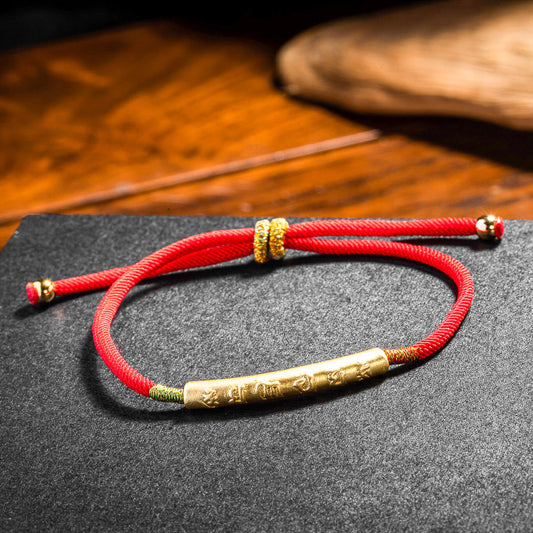 Tibetan Red String Om Mani Padme Hum Bracelet – Gold, image 1, healing bracelet