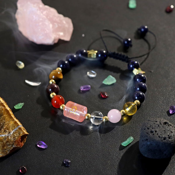 Zodiac Crystal Bracelet – Leo on dark surface with smoke effect and raw crystals, mystical