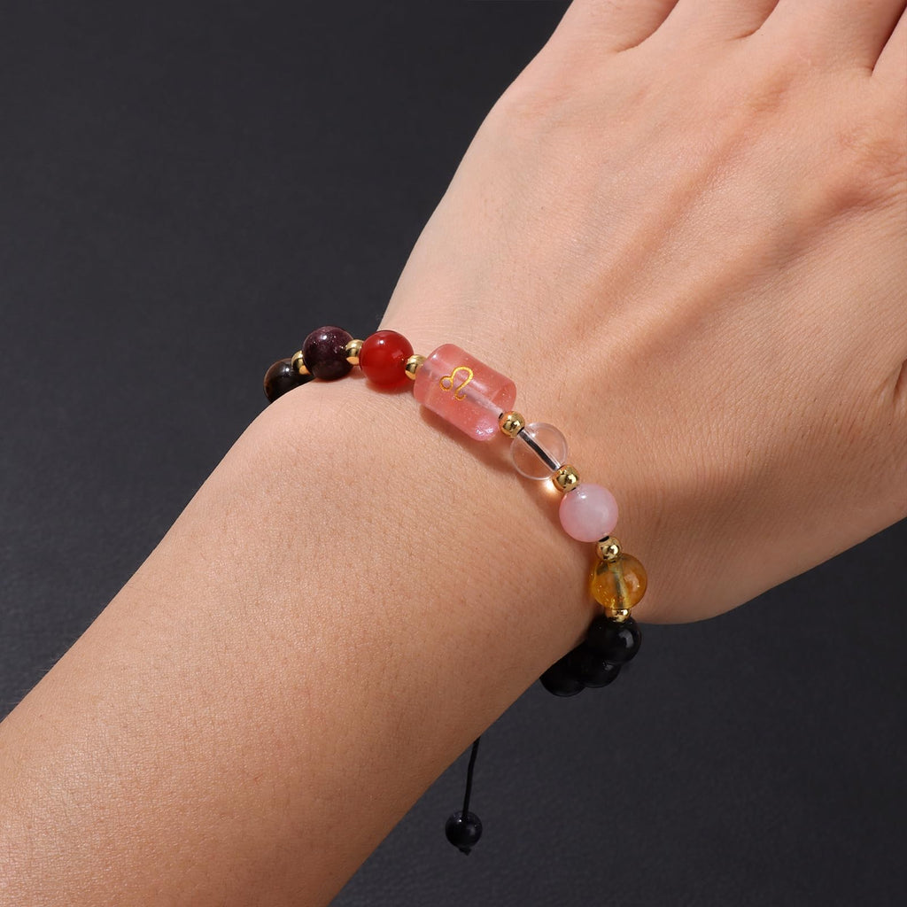 Zodiac Crystal Bracelet – wrist close-up showing adjustable cord and colorful healing beads