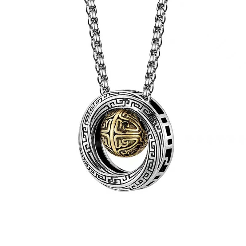 Mobius Copper Wealth Necklace – Silver box chain with interlocking Mobius rings and gold Celtic-pattern sphere center, white background front view